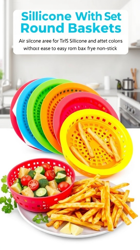 A colorful set of silicone round baskets for air frying and oven use, with crispy fries and roasted vegetables.
